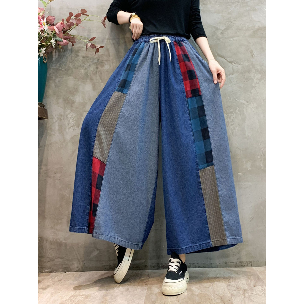 Quần Denim Nữ Cao Cấp Retro với Màu Sắc Thời Thượng, Miếng Dán Nối Eo Cao và Thắt Lưng Co Giãn, Thiết Kế Ống Rộng Thẳng
