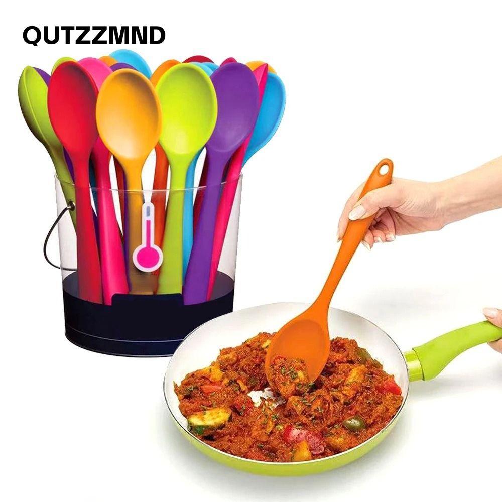 Muỗng Silicon QUTZZMND, Thìa Trộn Chống Dính Chịu Nhiệt, Tay Cầm Dài Bền Đẹp Nấu Ăn Bộ Đồ Ăn Thìa Khuấy Dụng Cụ Nhà Bếp