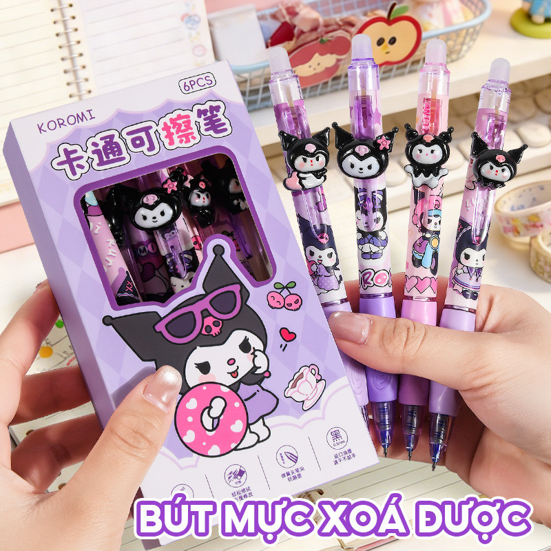 Bút mực xoá được 0.5mm mực xanh, Hộp 6 bút bi gel viết mịn, nhanh khô không lem tiện lợi cho học sinh