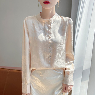 Áo sơ mi dài tay satin mới cho nữ, phong cách , áo trắng cổ đứng thanh lịch mùa xuân