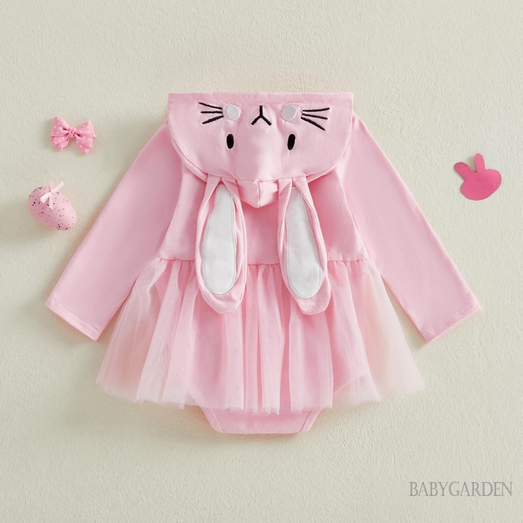 Bé Gái Phục Sinh Thỏ Trang Phục Có Mũ Trùm Đầu 3D Tai Dài Tay Tulle Áo Liền Quần Dễ Thương Ngày Lễ Chụp Ảnh Quần Áo Cho Trẻ Sơ Sinh Bé Gái