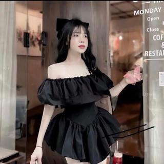 Set Áo Đầm Bèo Tiểu Thư Trễ Vai Nhún Eo Dáng Ngắn Xoè Kèm Quần Bí Ld_Store Fashion