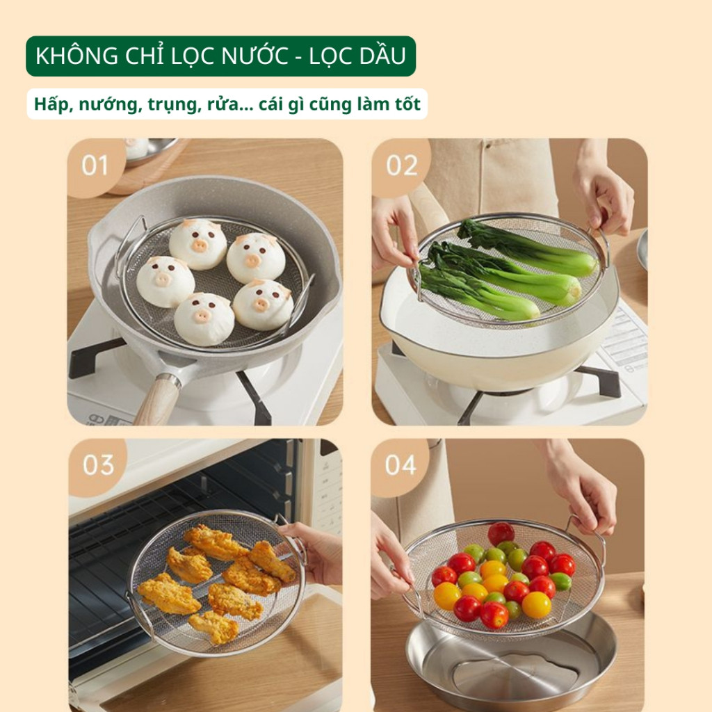 Set khay đĩa kèm vỉ lưới lọc dầu inox 304 ráo dầu nhanh, dùng chiên rán – hấp – rửa thực phẩm