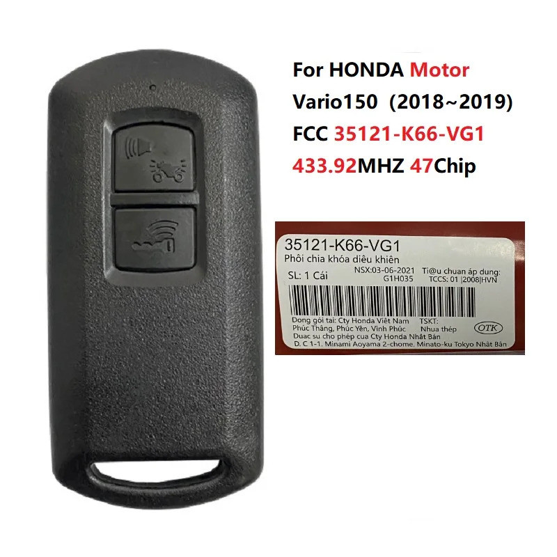 MK0027 FCC K1F K66 K2F K59 K12 Chìa khóa điều khiển từ xa thông minh 433.92MHZ 47 CHIP cho động cơ HONDA Vario150 (2018 ~ 2019) Không cần chìa khóa có gói