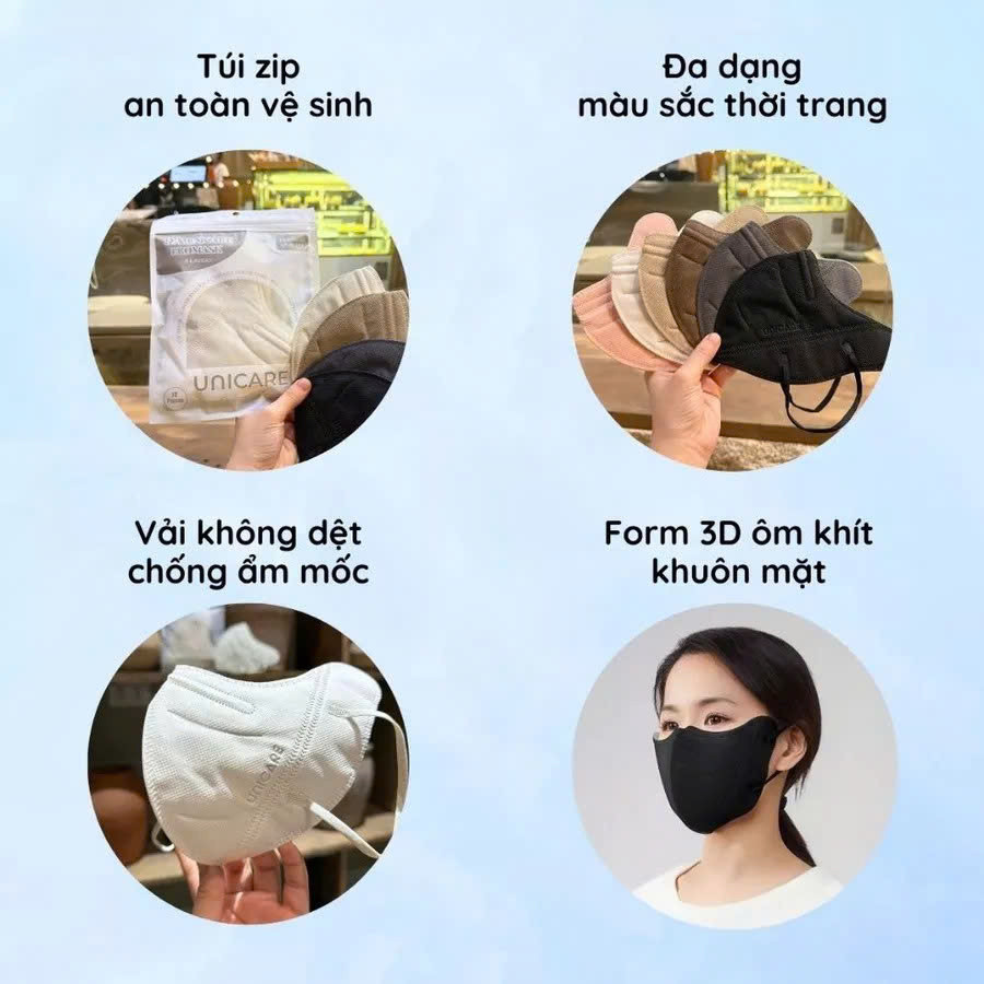 UNICARE Khẩu trang 9A UNI 5 lớp cao cấp kháng khuẩn, ngăn chặn tia UV tuyệt đối, dây đeo thoải mái, hàng chính hãng