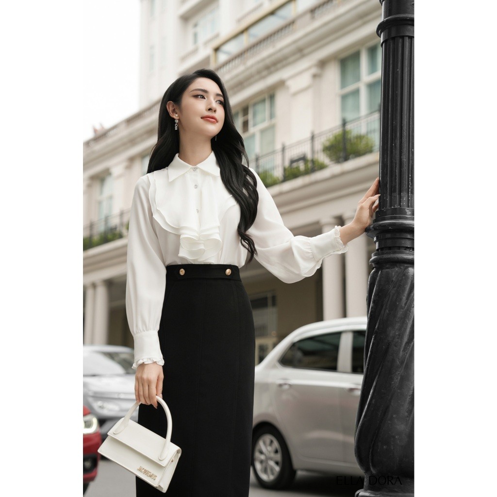Áo sơ mi nữ ELLA DORA thiết kế phối bèo lụa mềm form suông thanh lịch phong cách công sở [SM114]