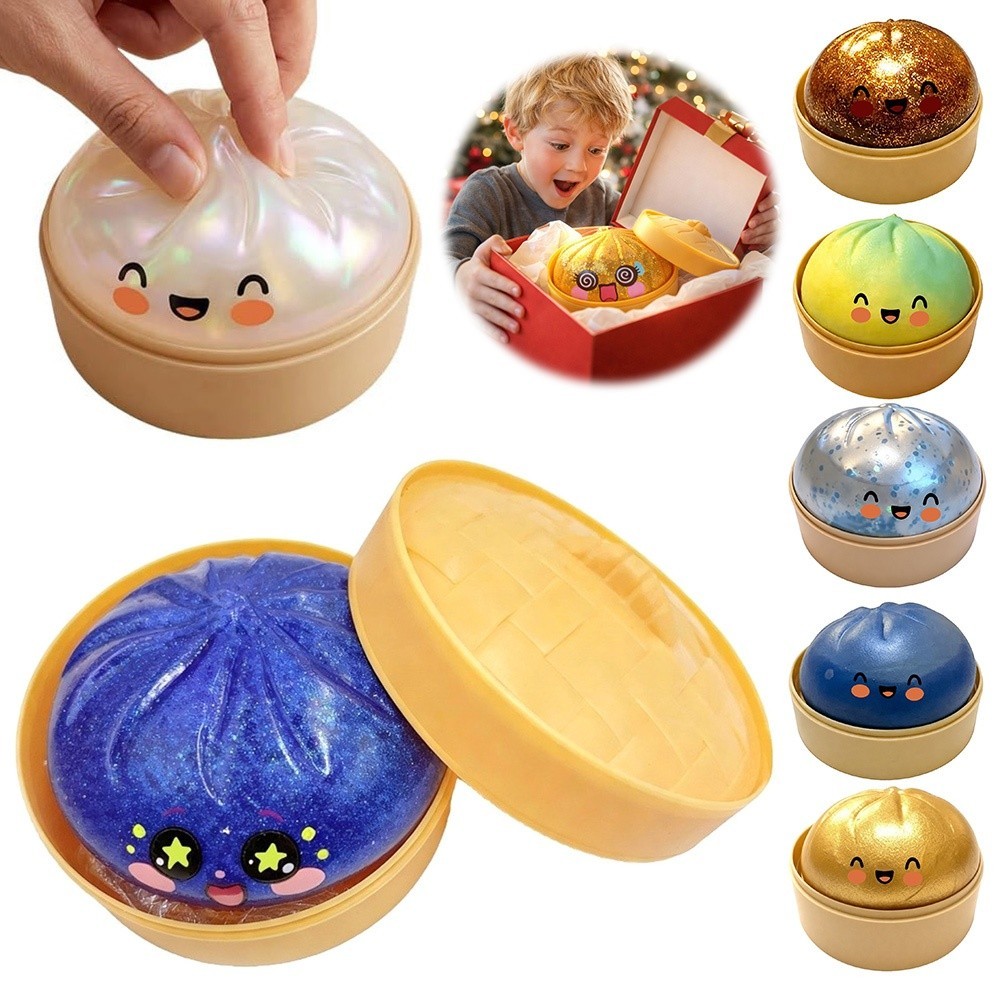 HOBBYIN Bánh bao Đồ chơi Squishy, Bun nhồi bông mềm lấp lánh Squishy Pinch Le, Quà tặng Khả năng phục hồi chậm với Steamer Fidget Squishy Đồ chơi để giảm lo âu căng thẳng