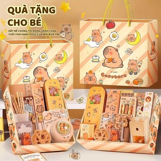 Hộp quà văn phòng phẩm hấp dẫn, bộ đồ dùng học tập và túi đựng bút hình Capybara, quà 1/6 cho học sinh cấp 1