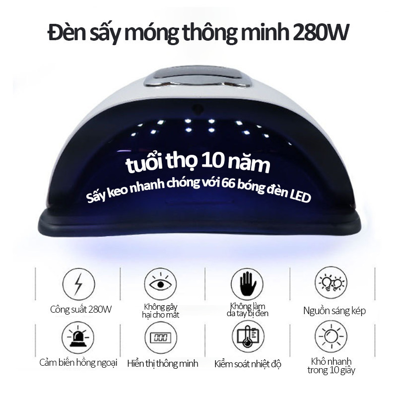 Đèn Sấy Móng LED/UV Cao Cấp 280W - Ánh Sáng Kép 66 LED, Cảm Biến Tự Động, Sấy Khô Nhanh Cho Salon & Tự Làm Tại Nhà