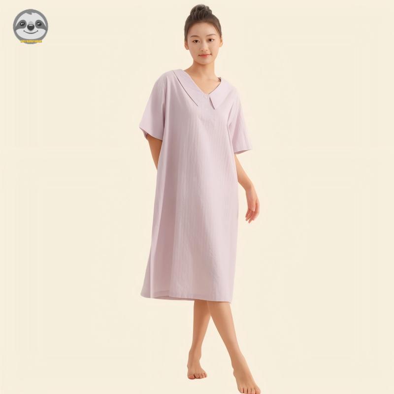 Phong cách Nhật Bản Muji Style / Váy ngủ rộng tay ngắn Cotton nguyên chất mùa hè dành cho nữ / Váy cổ chữ V mát mẻ mùa hè / Có thể mặc bên ngoài Váy một mảnh mềm mại thoải mái