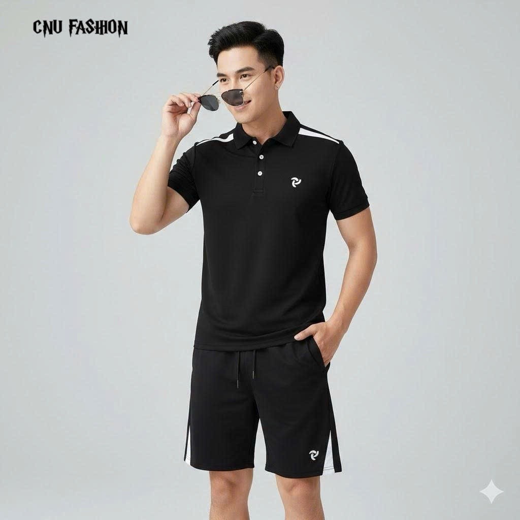 Bộ quần áo nam nữ cao cấp- Phối vai logo thêu- Chất liệu poly cá sấu co giãn mát mẻ- trẻ trung