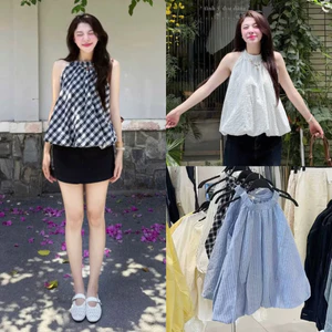 Áo Kiểu Cổ Yếm Dáng Bí Phồng Hoạ Tiết Kẻ Sọc”PURPLE top”2 màu kẻ siêu xinh-Dành Cho Nữ r33