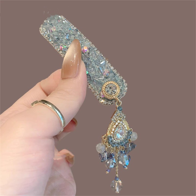 MAUROPOLI Cao Cấp Công Nghiệp Nặng Màu Xanh Full Kim Cương Pha Lê Bên Kẹp Thời Trang Retro Phong Cách Dân Tộc Tua Rua Tóc Kẹp bb Phụ Kiện Tóc Nữ