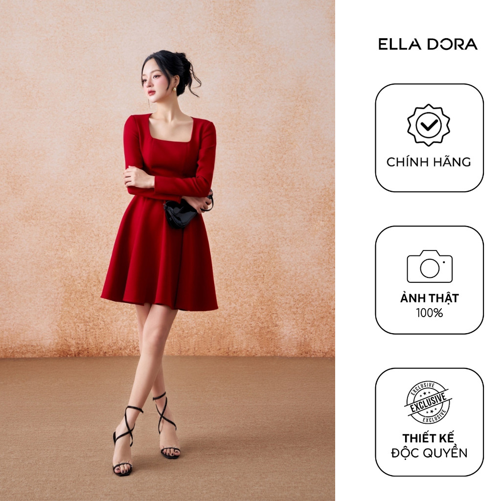 Đầm dáng dài ELLA DORA thiết kế cổ vuông gấu xòe form ôm thanh lịch phong cách Hàn Quốc [D277]