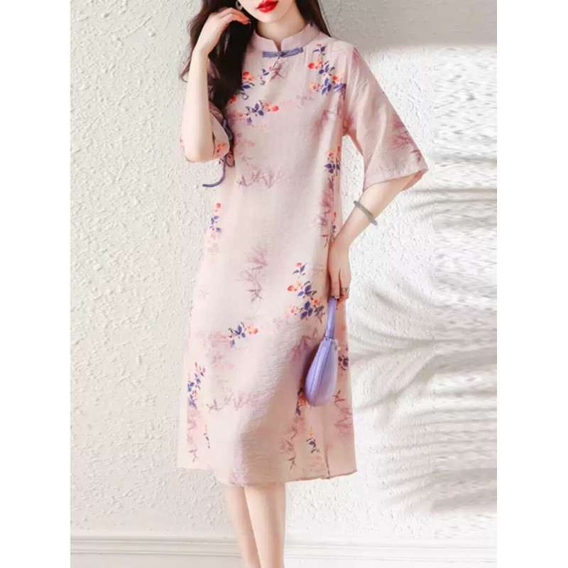Váy dáng chữ A cổ đứng in họa tiết cổ điển mùa hè phong cách Trung Quốc, váy dài thanh lịch dành cho nữ