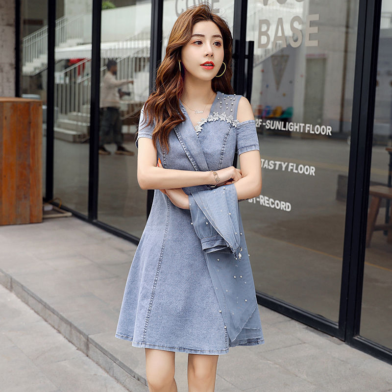 Đầm Xuân/Hè Jinbukang mới, bộ denim lưới với thiết kế dáng rộng ngọt ngào kiểu Hàn Quốc và chiết eo thanh lịch.