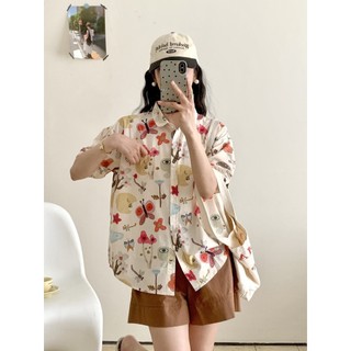 Sẵn sàng - Áo sơ mi nữ tay ngắn 100% sợi cotton cao cấp mùa xuân 2026, thiết kế hoạt hình ngọt ngào với họa tiết graffiti