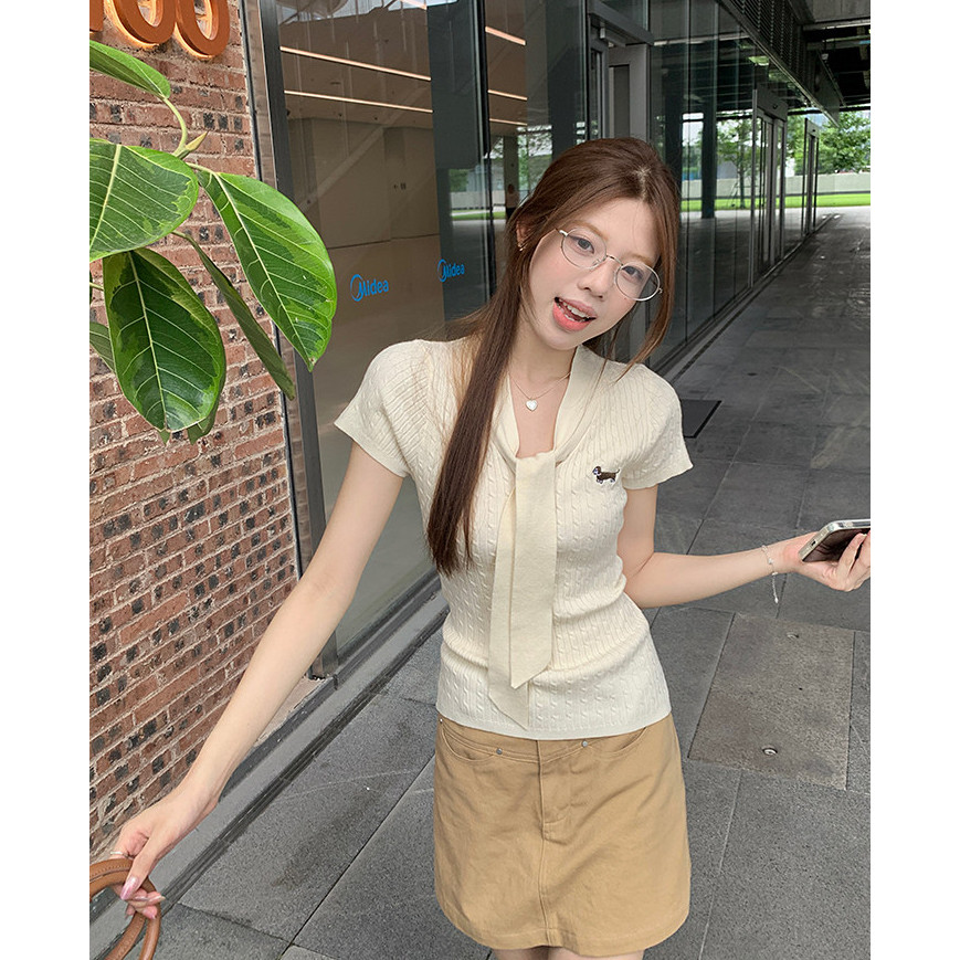 SUXI Áo thun dệt kim ngắn tay nhẹ nhàng, phù hợp mùa hè dành cho nữ 260327
