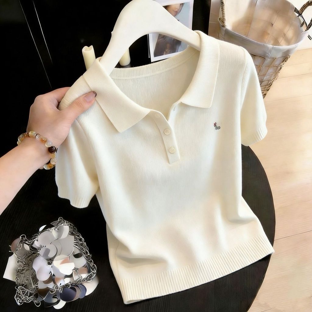 Áo thun cổ Polo nữ cỡ lớn, hàng dệt kim mỏng màu trơn, phù hợp thời trang mùa hè