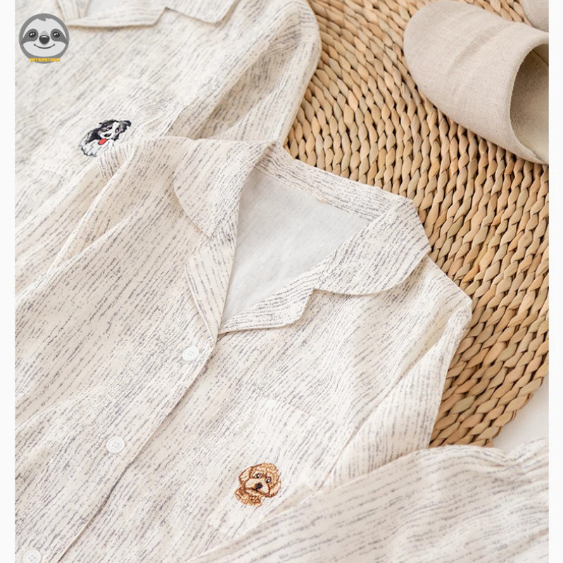 Bộ đồ ngủ ngắn tay sọc cotton nguyên chất phong cách cặp đôi / Bộ đồ ngủ hai lớp bằng sợi cotton / Bộ đồ ngắn mặc ngoài thời trang