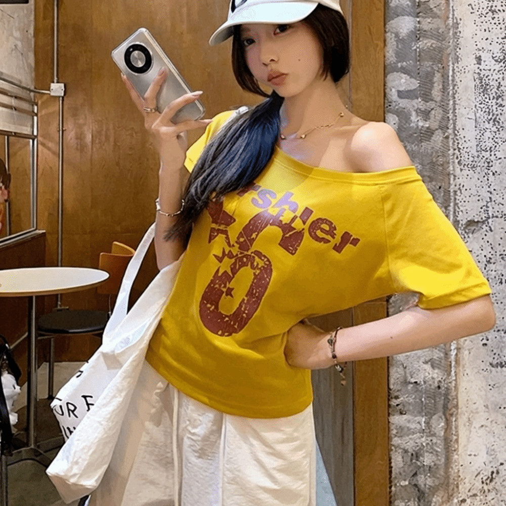 Áo đeo vai METUBE, Áo ngắn tay in chữ Y2k, Áo Crop top cổ xiên cơ thể gợi cảm Trang phục mùa hè