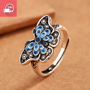 Nhẫn nữ bạc thái men bắn hình bướm xanh, phong cách dân tộc