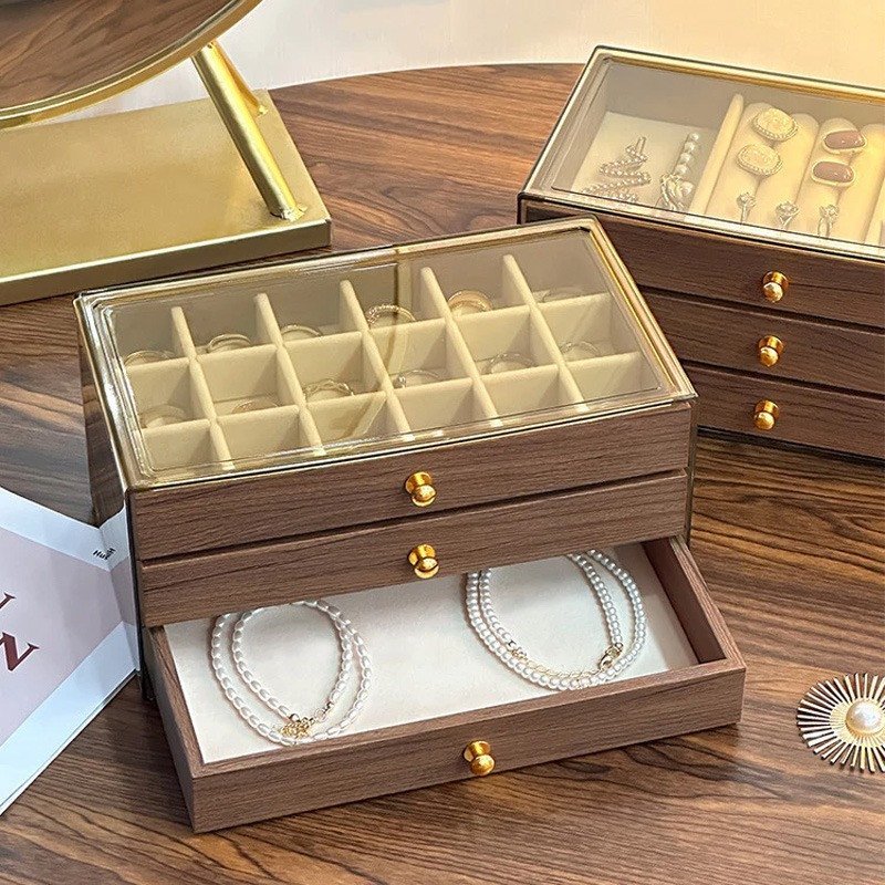 Hộp trang sức gỗ óc chó có khóa chống bụi lưu trữ nhiều lớp bảo vệ trang sức cho bàn làm việc