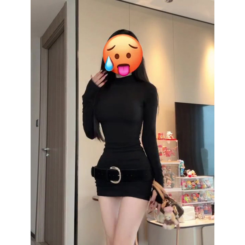 Mùa Thu Hot Girl Váy Ngắn Hông Cổ Cao Tay Dài Đầm Da