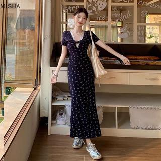 Váy hoa dài tay ngắn tay kiểu Pháp Misa kiểu dáng kỳ nghỉ kiểu Pháp xoắn rỗng dành cho nữ mùa hè