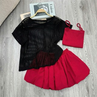 Set 3 Món Bigsize Nữ Áo Lưới Tay Ngắn Mix Áo Hai Dây Và Chân Váy Bí Xòe Cá Tính  A318+G118+CV413
