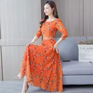 Mid-length Long-sleeved Round Neck Skirt Spring and Summer Printing A Word Elastic Waist Fashion Dress