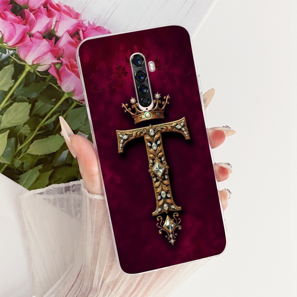 Ốp lưng Oppo Reno2 CPH2577 Trong suốt sang trọng Vương miện A-Z Chữ cái 2D Họa tiết phẳng Vỏ điện thoại mềm Oppo Reno 2