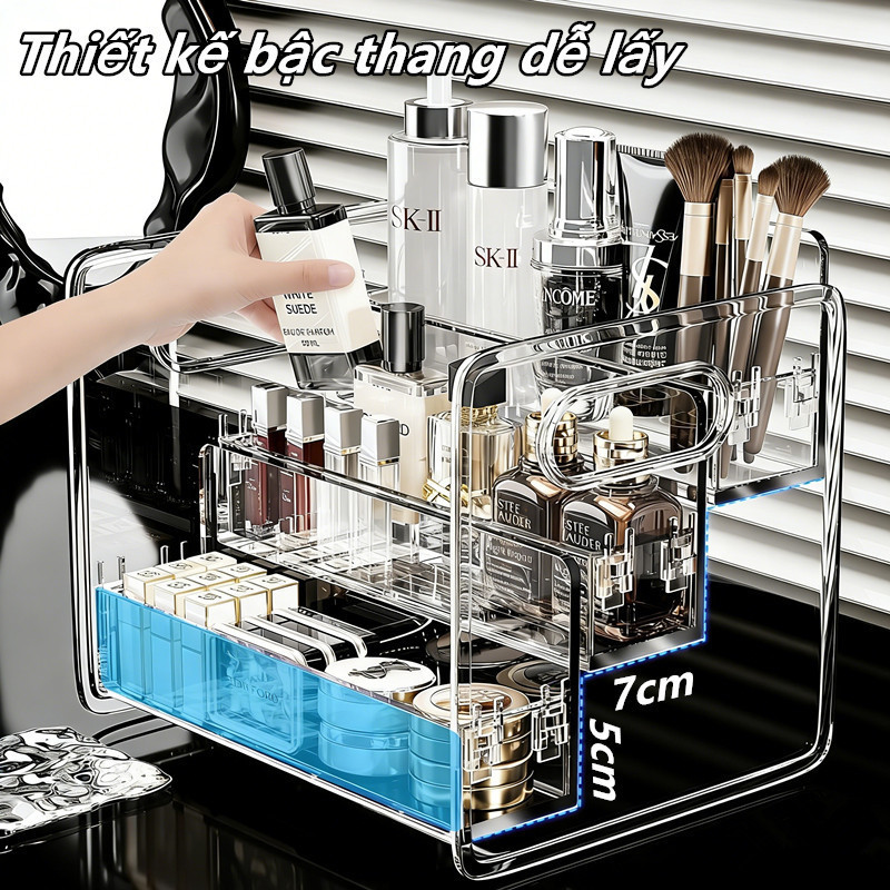 Kệ Trang Điểm 3 Tầng Trong Suốt Phong Cách Tối Giản - Hộp Đựng Mỹ Phẩm, Nước Hoa Có Tay Cầm, Chất Liệu PET Bền Đẹp