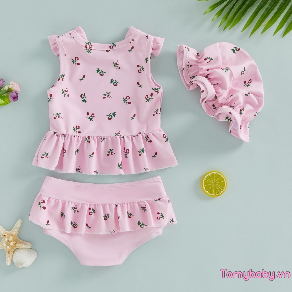 Đồ bơi bé gái mới biết đi Áo bơi xù không tay + Quần + Mũ chống nắng 3 chiếc Bộ đồ tắm trang phục