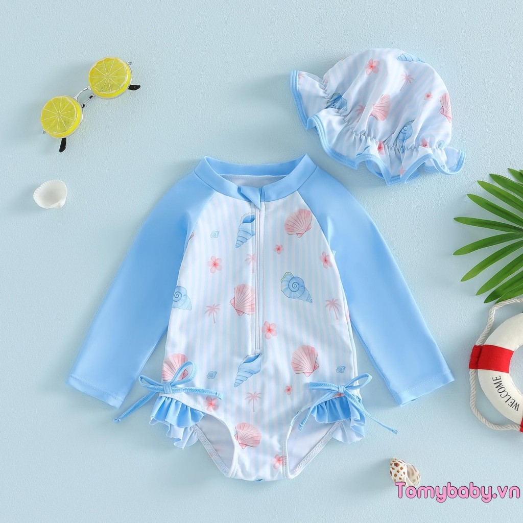 Bộ đồ bơi bé gái đi biển dài tay Rash Guard Bộ đồ tắm có mũ chống nắng
