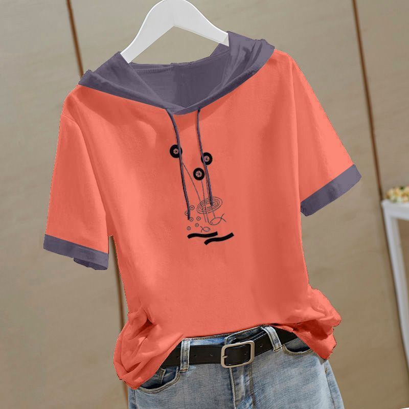 Áo thun cotton nữ mùa hè có mũ trùm đầu, phong cách Hàn Quốc, dáng rộng