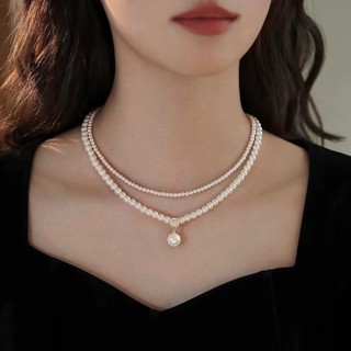 Vòng cổ ngắn chocker zircon và ngọc trai hai lớp, phong cách cổ điển sang trọng