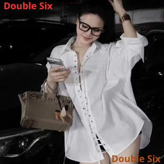 Áo Sơ Mi Nữ Corset Đan Dây Dáng Dài .Double - Six. Somi Trắng Dây Rút Giấu Quần.