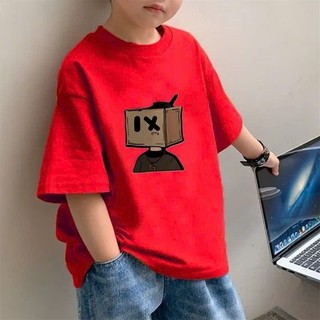 Áo thun mỏng cổ tròn in hình robot hoạt hình bằng bìa cứng dành cho bé trai, kiểu dáng giản dị và thời trang.