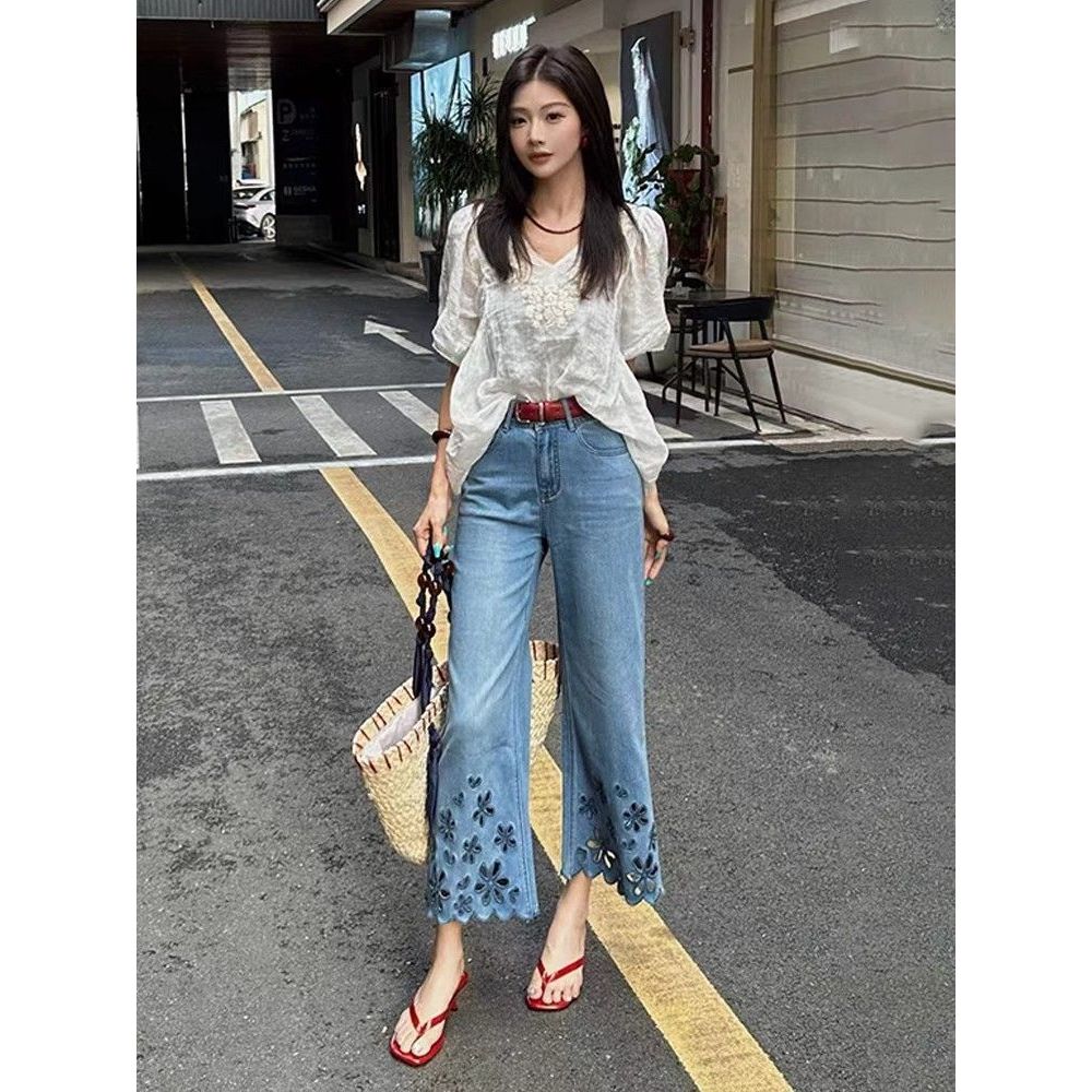 <![Giảm giá 50%] Quần Jean Nữ Mùa Hè Mỏng, Thoải Mái, Ống Rộng Eo Cao Với Họa Tiết Hoa>