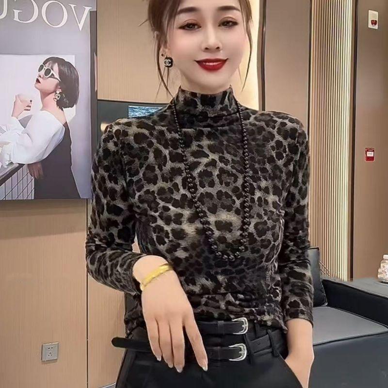 Áo sơ mi mỏng tay dài có cổ cao nửa cổ, họa tiết da báo, phong cách thời trang đơn giản
