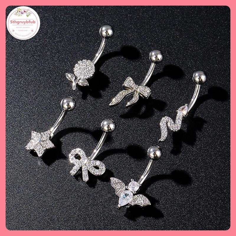 Nhẫn Rốn Xuyên Bụng Thép Không Gỉ với Nút Nơ Trái Tim Zircon - Trang Sức Gợi Cảm
