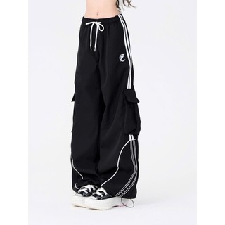 Quần Cargo Dù Ống Rộng Unisex Có Dây Rút Cạp Chun Sọc Viền Cá Tính, Logo Thêu Phong Cách Thời Trang