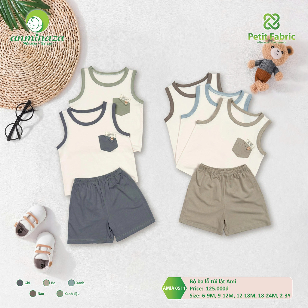 Bộ Ba Lỗ Túi Lật Bé Trai Anminaza Vải Sợi Petit Thoáng Mát Thấm Hút - Hàng Chính Hãng AMI0511