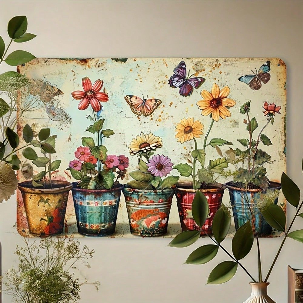 CIFbuy Vintage Kim Loại Trang Trí Tường Ký Hiệu Với Chậu Hoa Bướm, Mộc Mạc Sắt Chịu Thời Tiết Trong Nhà Ngoài Trời Treo