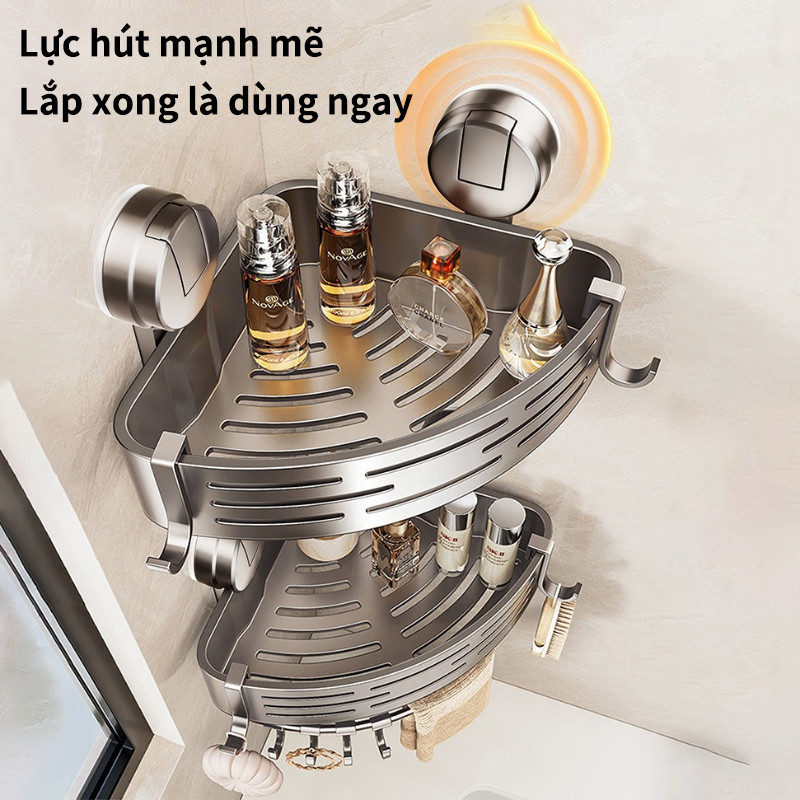 Kệ Góc Hút Chân Không Nhà Tắm - Chất Liệu Nhôm Hàng Không, Bám Chắc Không Rơi, Không Khoan Đục, Đựng Đồ Đa Năng