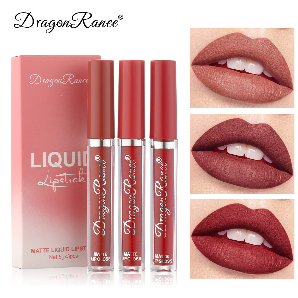 DragonRanee 3 Que Gói Môi Glaze Bộ Nhung Matte Matte Son Môi Sữa Trà Đậu Dán Màu Son Môi