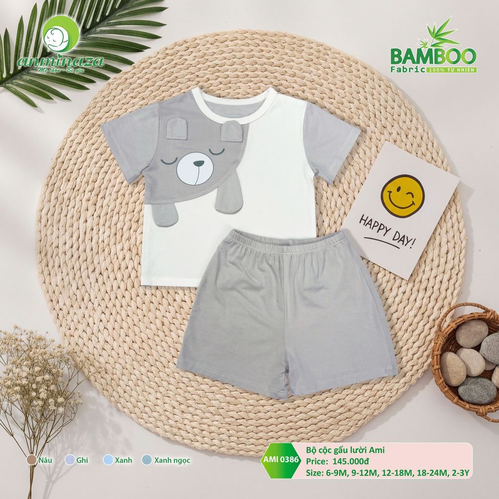 Bộ cộc tay gấu lười Ami Anminaza Vải Sợi Tre Petit Thấm Hút Thoáng Mát - Hàng Chính Hãng  AMI0386
