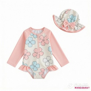 MG-Toddler Bộ Đồ Bơi Bé Gái Hoa Nửa Khóa Kéo Dài Tay Rash Guard Bộ Đồ Tắm Và Mũ Chống Nắng Đồ Bơi Đáng Yêu