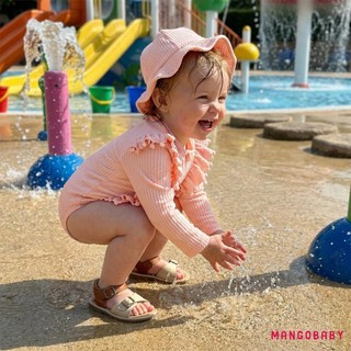 MG-Toddler Bé Gái Rash Guard Đồ Bơi Dễ Thương Màu Trơn Dài Tay Ruffle Áo liền quần Có Mũ 2 Chiếc Đồ Bơi